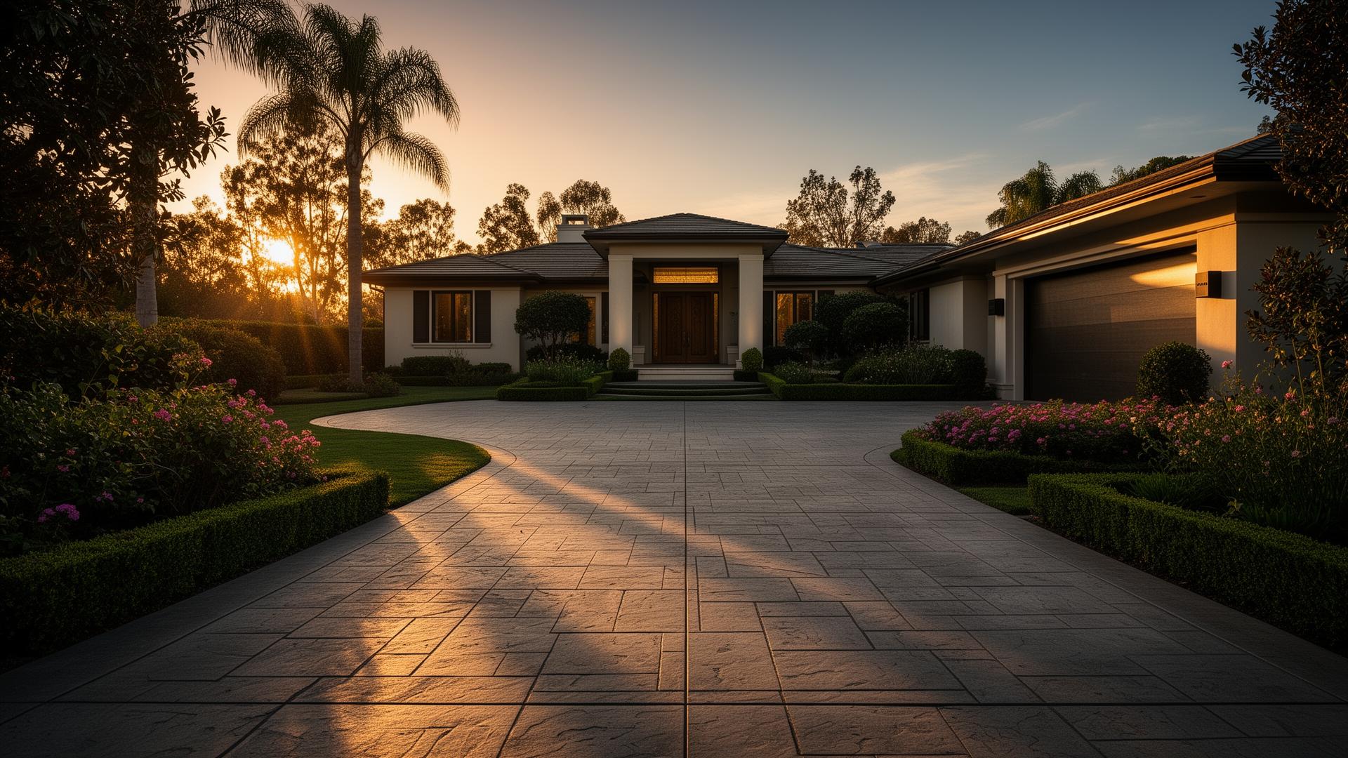 Stamped concrete driveway at golden hour